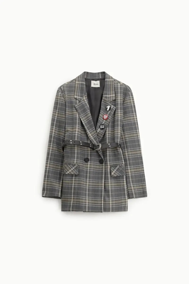 Blazer a quadri con cintura decorativa e bottoni