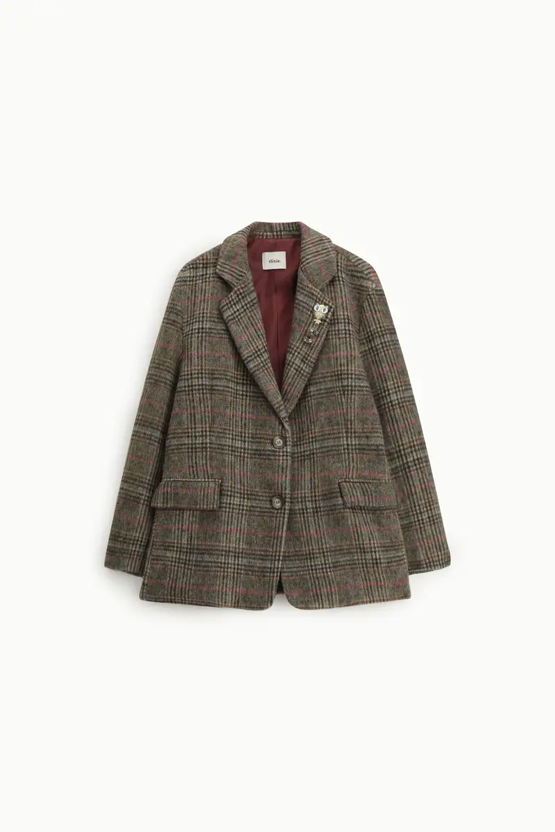 Blazer a quadri con spilla decorativa