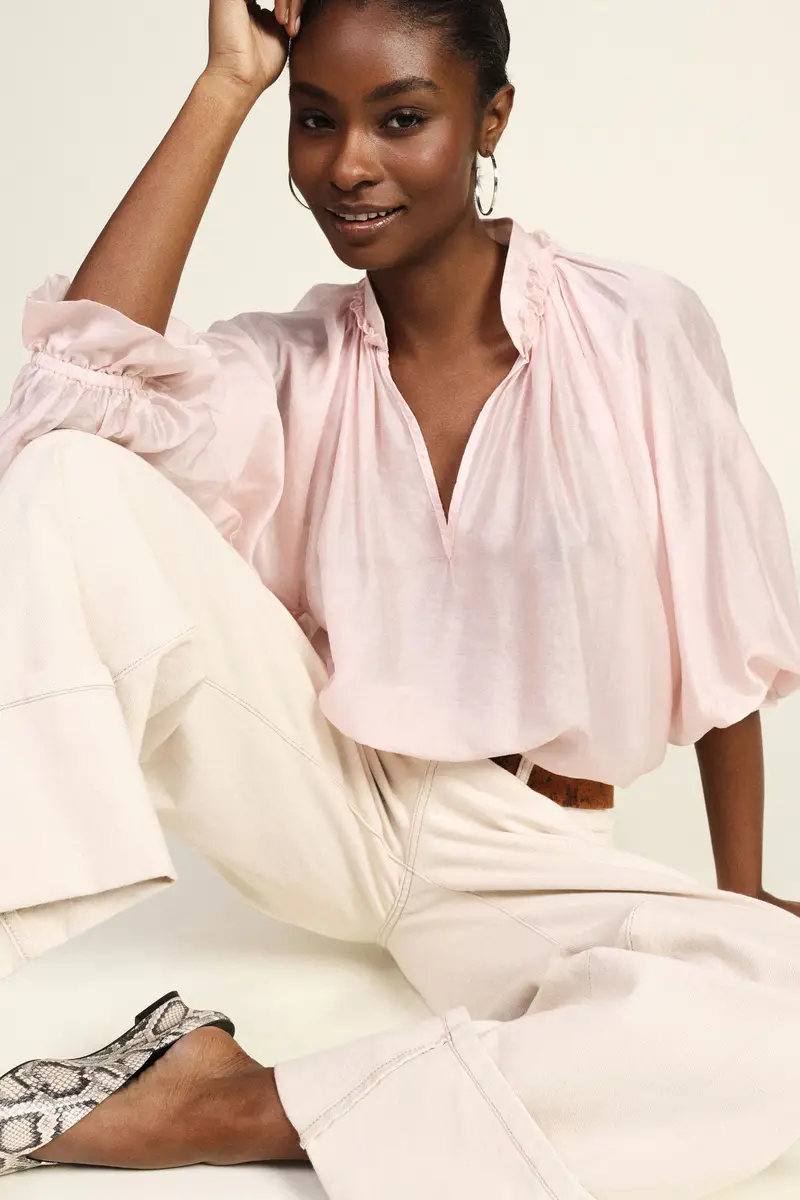 Blusa ampia con scollo a v e maniche lunghe miniatura 2