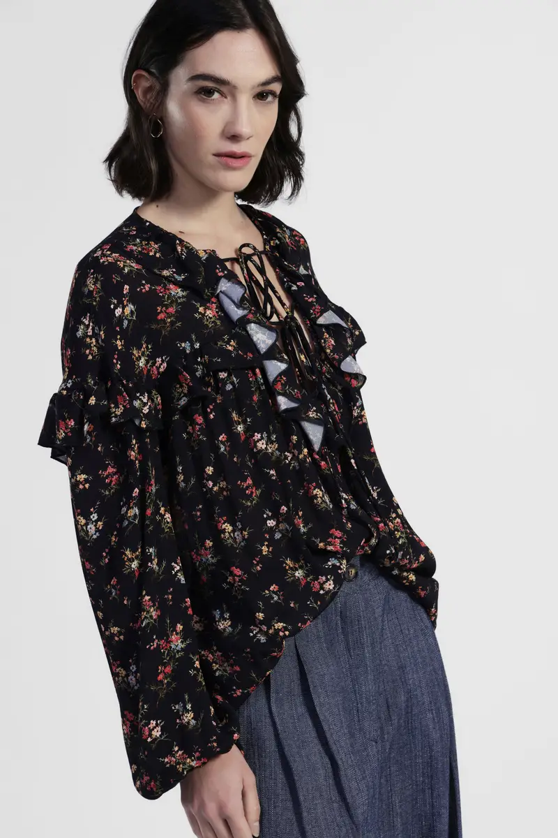 Blusa ampia con stampa floreale e balze miniatura 2