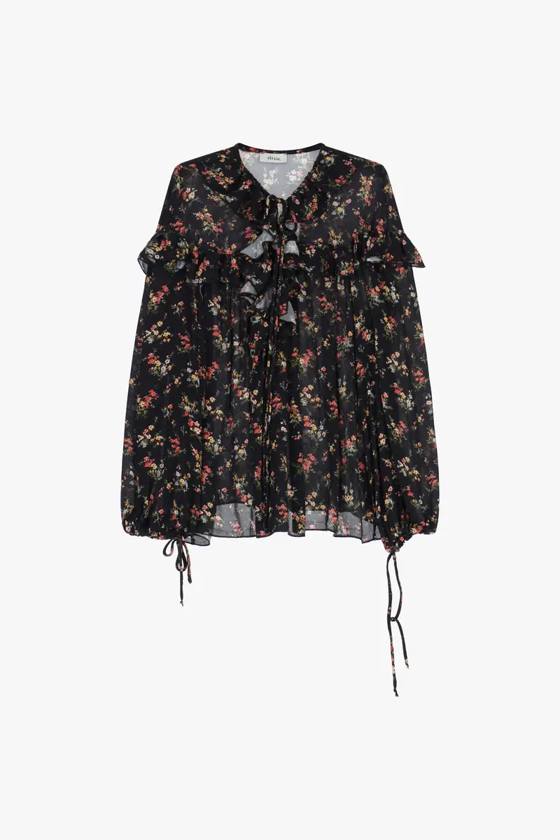 Blusa ampia con stampa floreale e balze