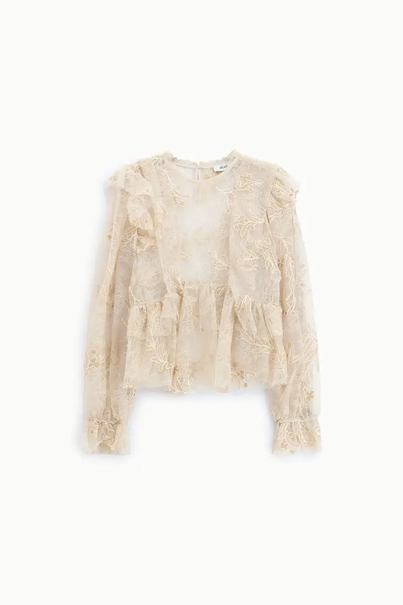 Blusa ampia ricamo floreale maniche lunghe volant