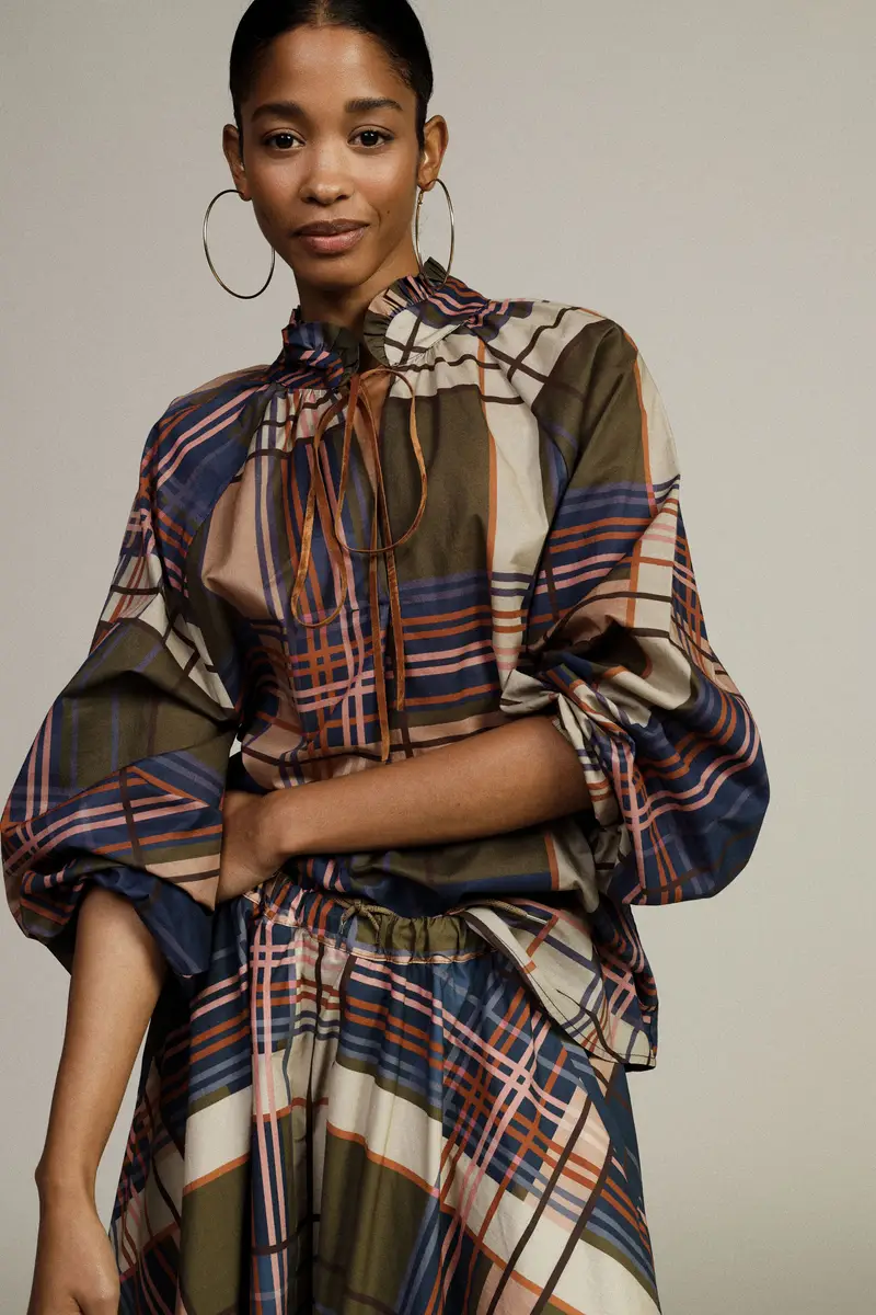 Blusa ampia stampa a quadri con maniche lunghe miniatura 2