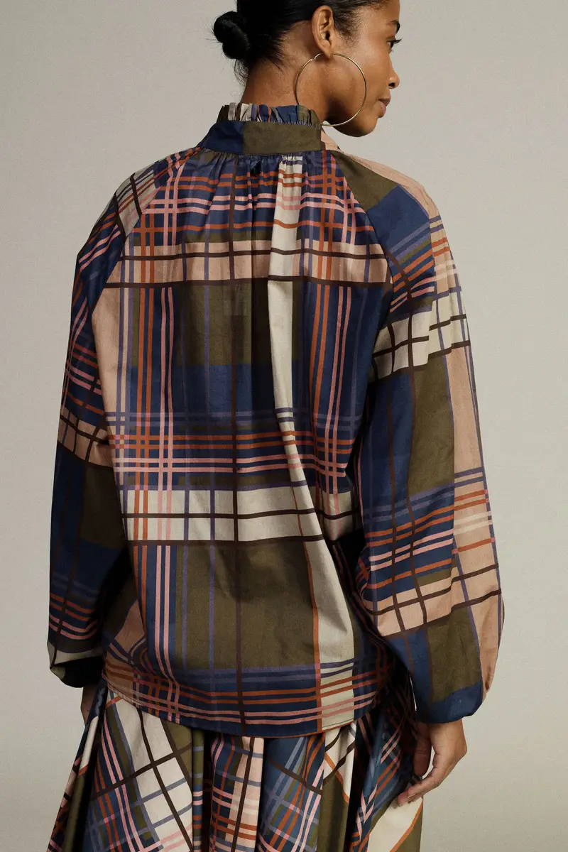 Blusa ampia stampa a quadri con maniche lunghe miniatura 3