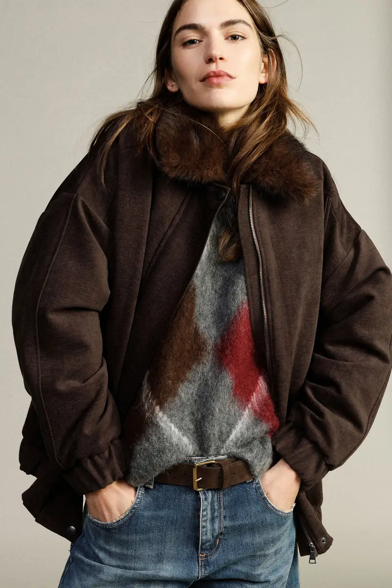 Bomber con colletto in pelliccia, zip e tasche miniatura 2