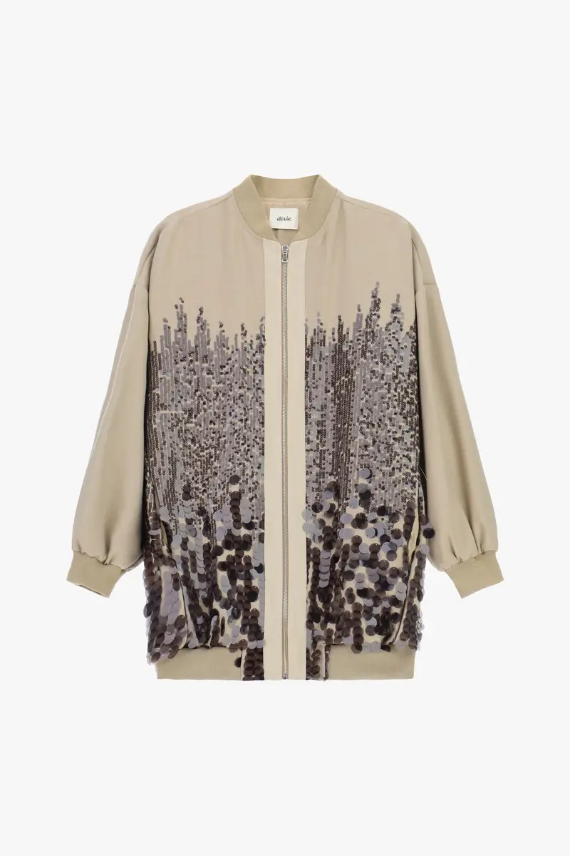 Bomber con paillettes e zip frontale