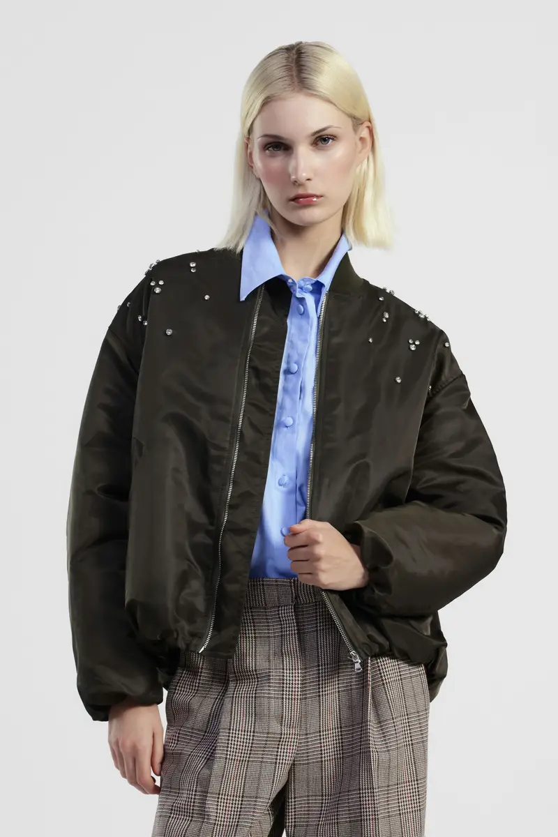 Bomber con perle decorative e zip frontale miniatura 2
