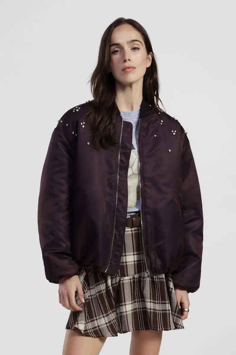 Bomber con perle decorative e zip frontale miniatura 2