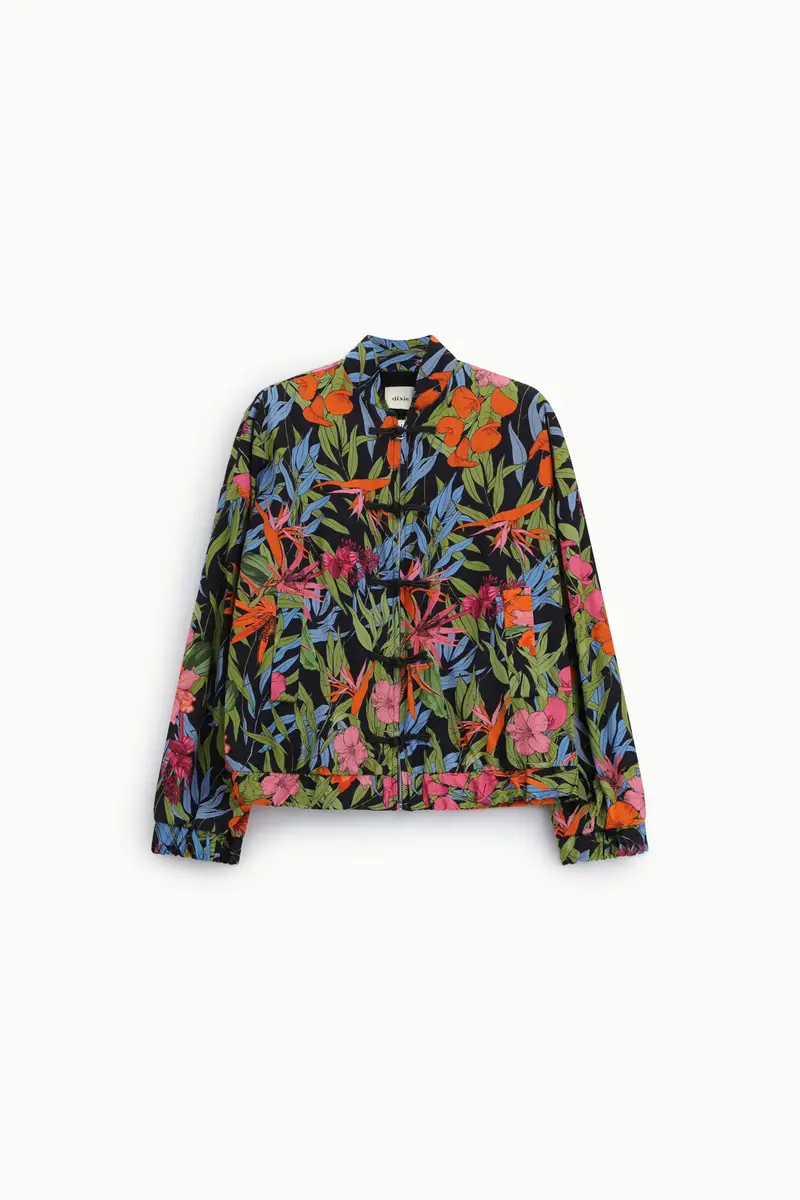 Bomber fantasia floreale con chiusura zip e alamari