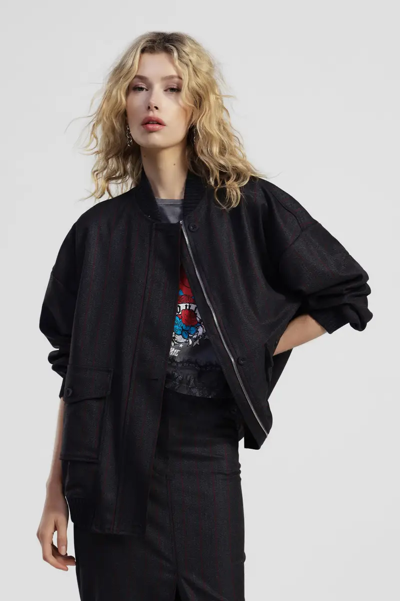 Bomber oversize a righe con tasche applicate miniatura 2