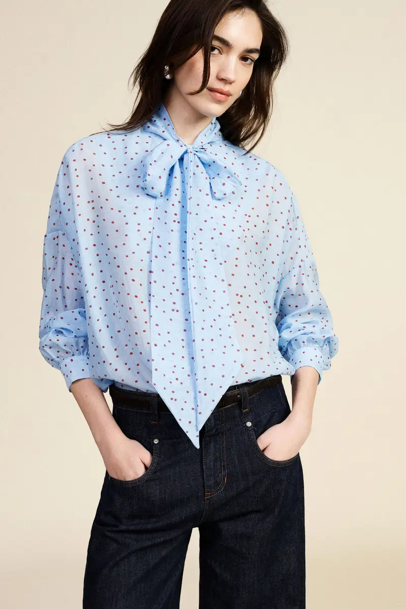 Camicia a pois con fiocco e maniche lunghe miniatura 2