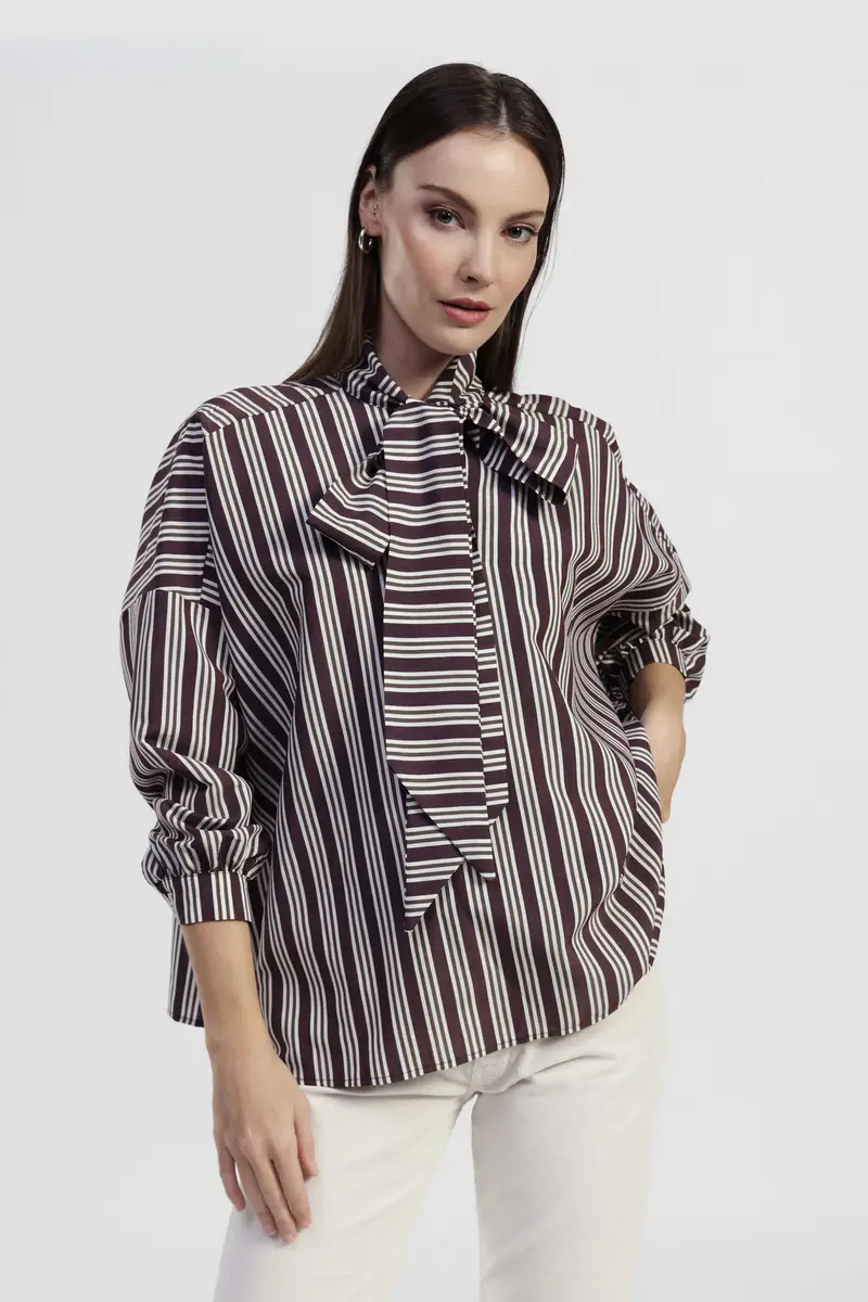 Camicia a righe con fiocco e maniche lunghe miniatura 2