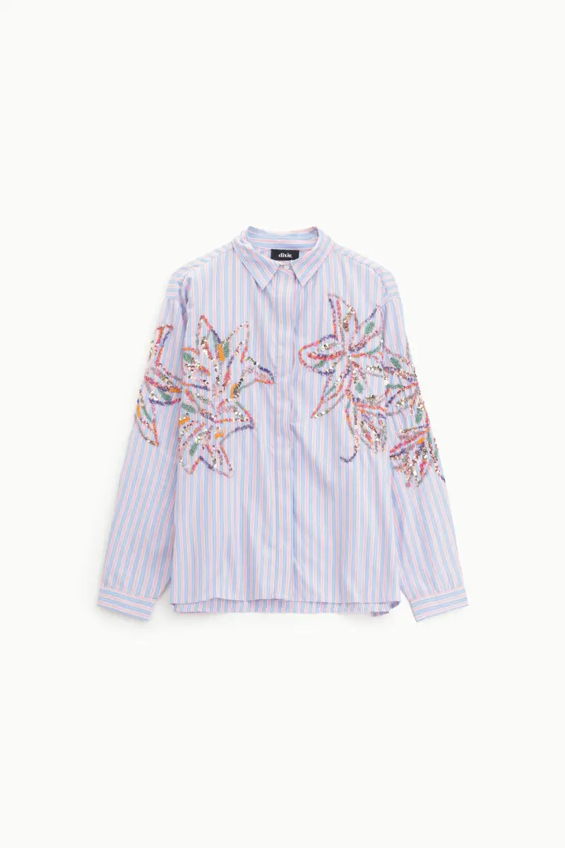 Camicia a righe con ricami floreali e maniche lunghe