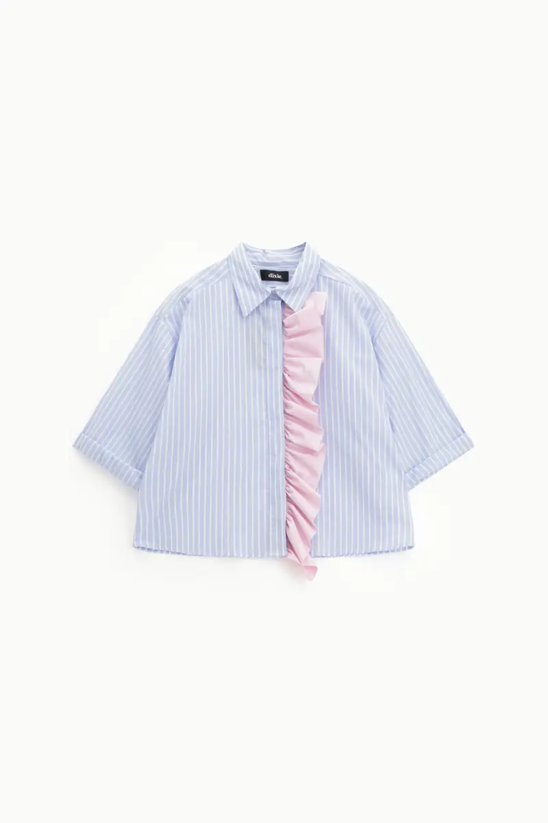 Camicia a righe con rouches frontale e maniche corte