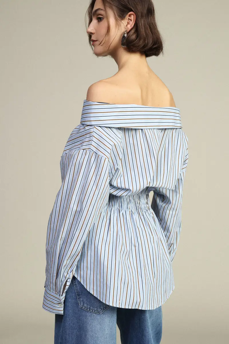 Camicia a righe con scollo bardot e coulisse miniatura 2