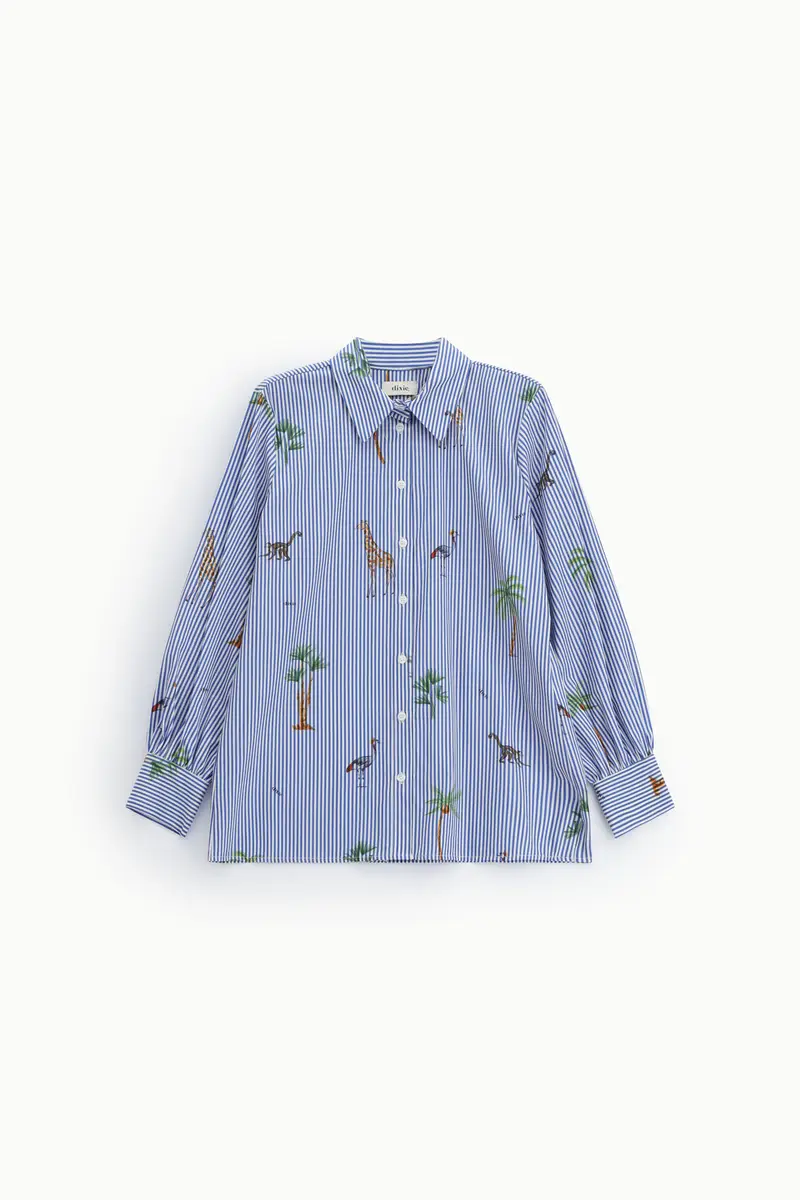 Camicia a righe con stampa animali e palme