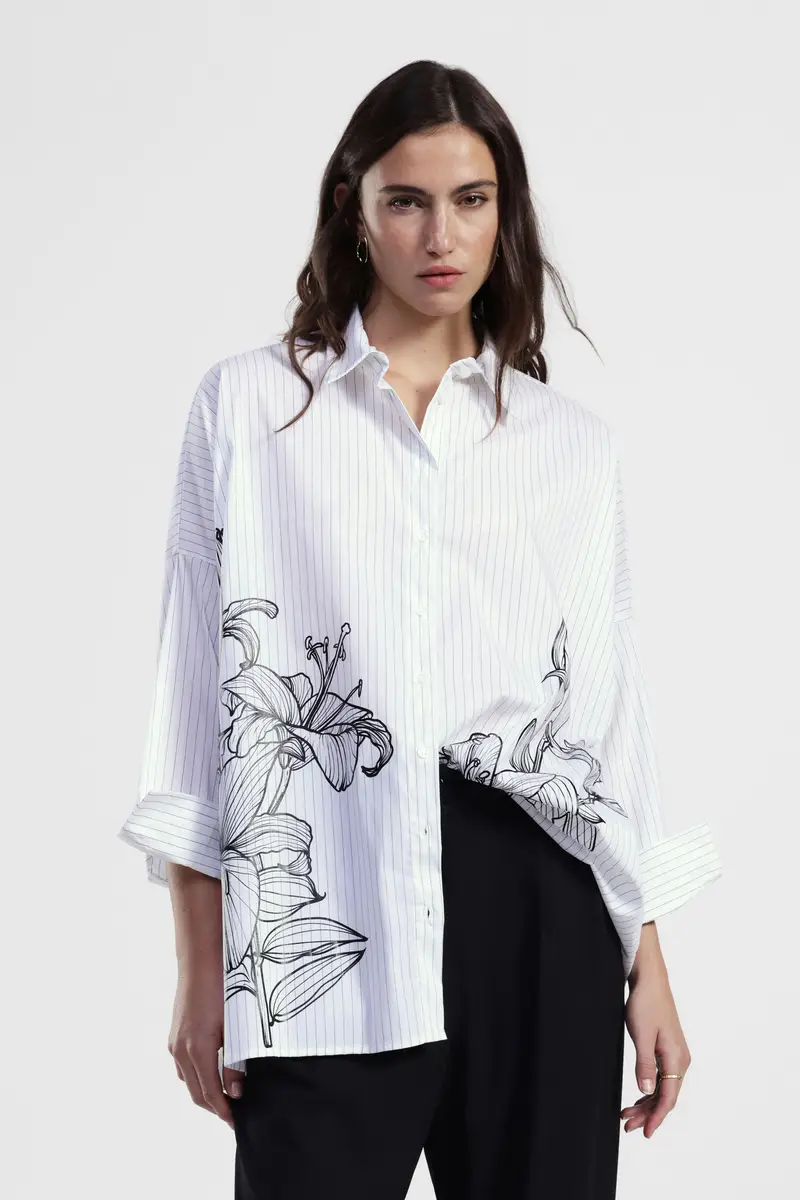 Camicia a righe con stampa floreale e maniche lunghe miniatura 2