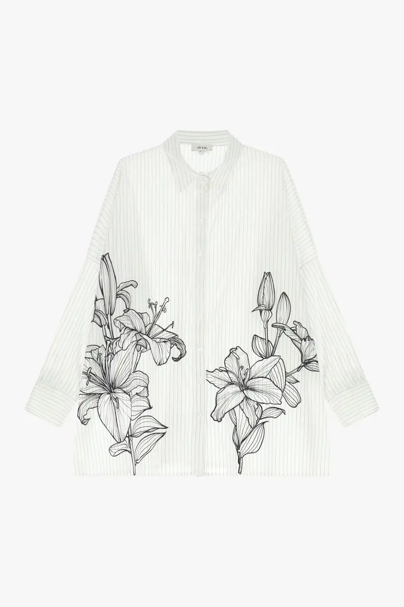 Camicia a righe con stampa floreale e maniche lunghe