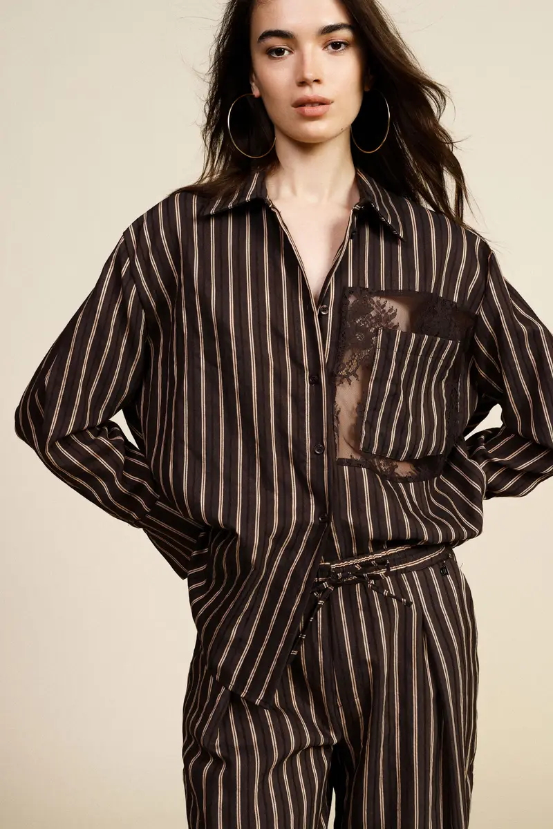 Camicia a righe con taschino e inserto in pizzo miniatura 2