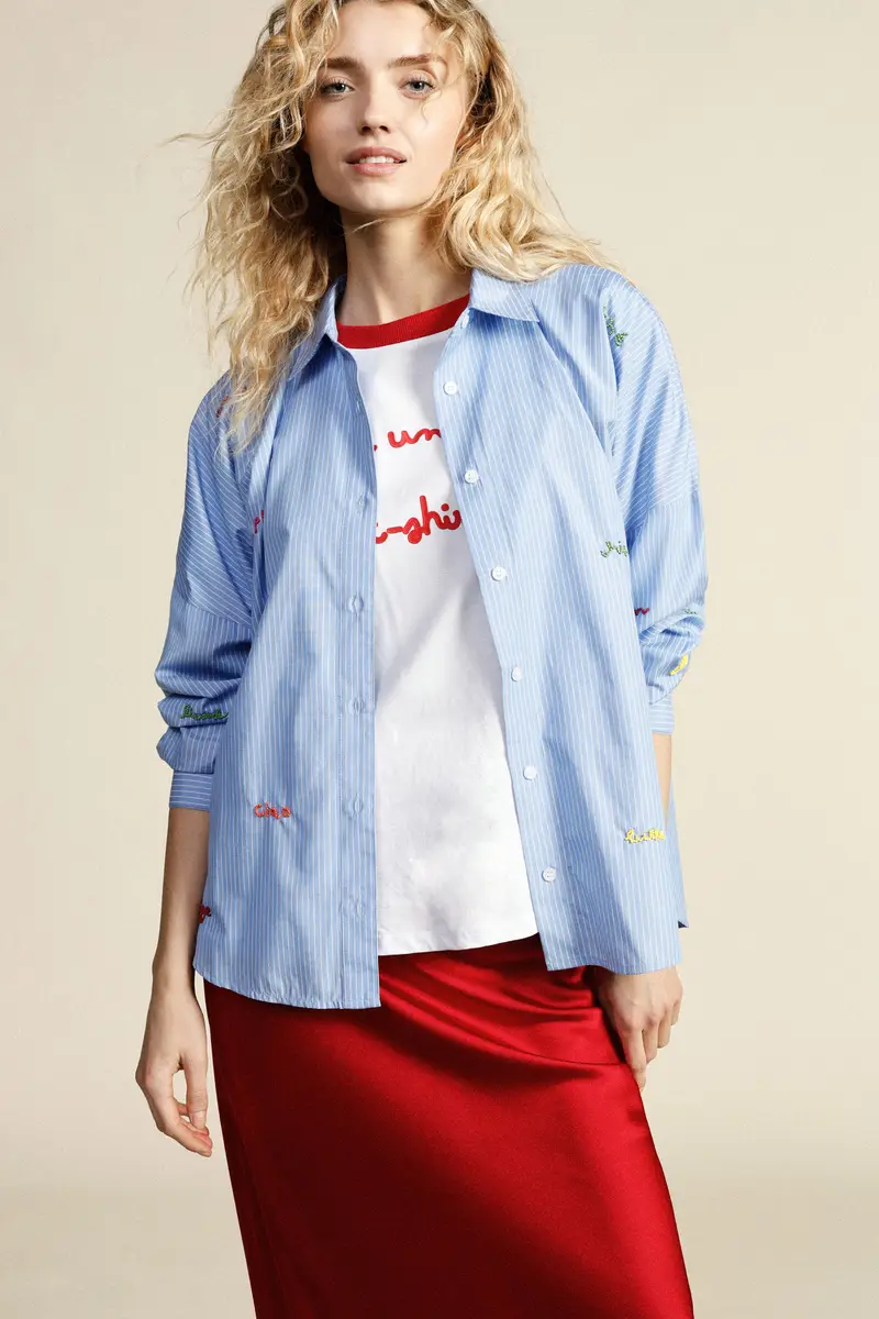 Camicia a righe ricami colorati vestibilità relaxed miniatura 4