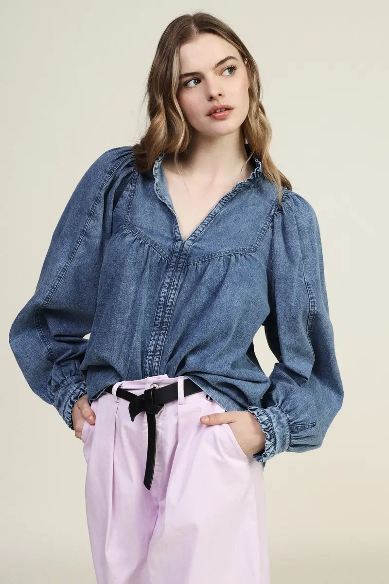 Camicia ampia con scollo a v e maniche lunghe miniatura 2