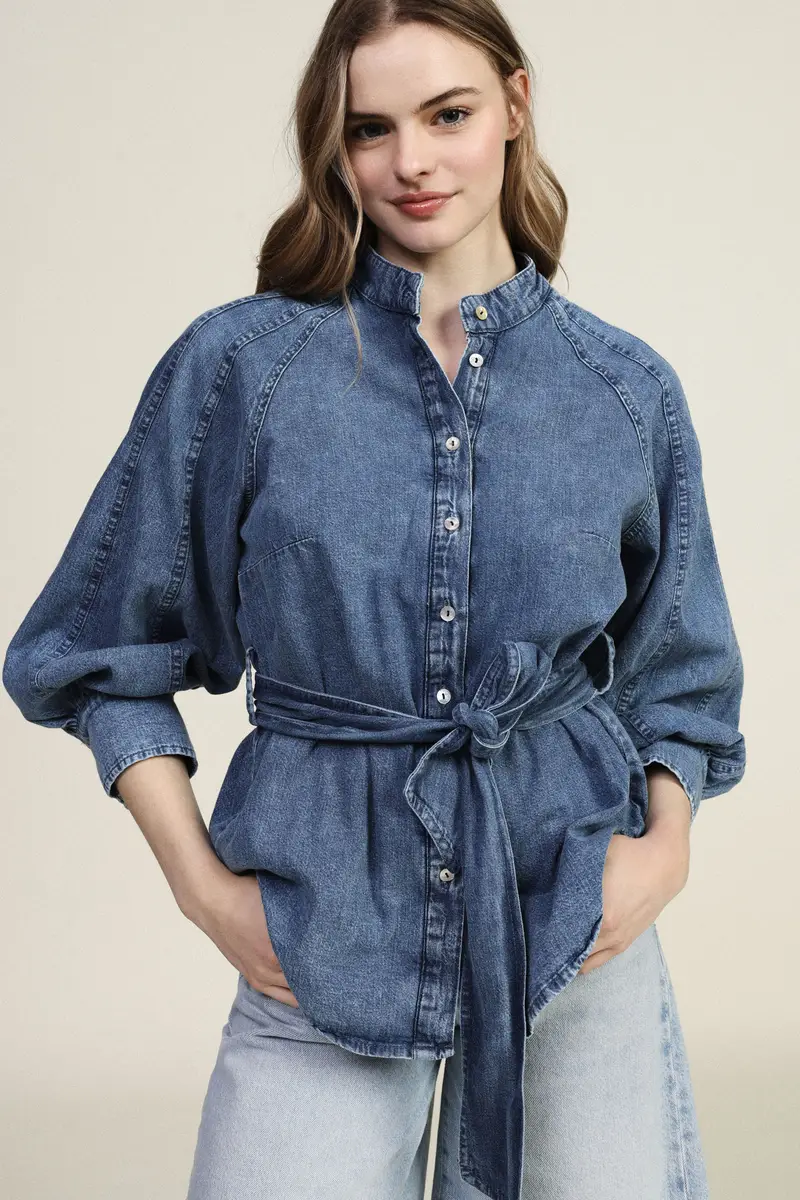 Camicia con cintura e colletto alla coreana miniatura 2