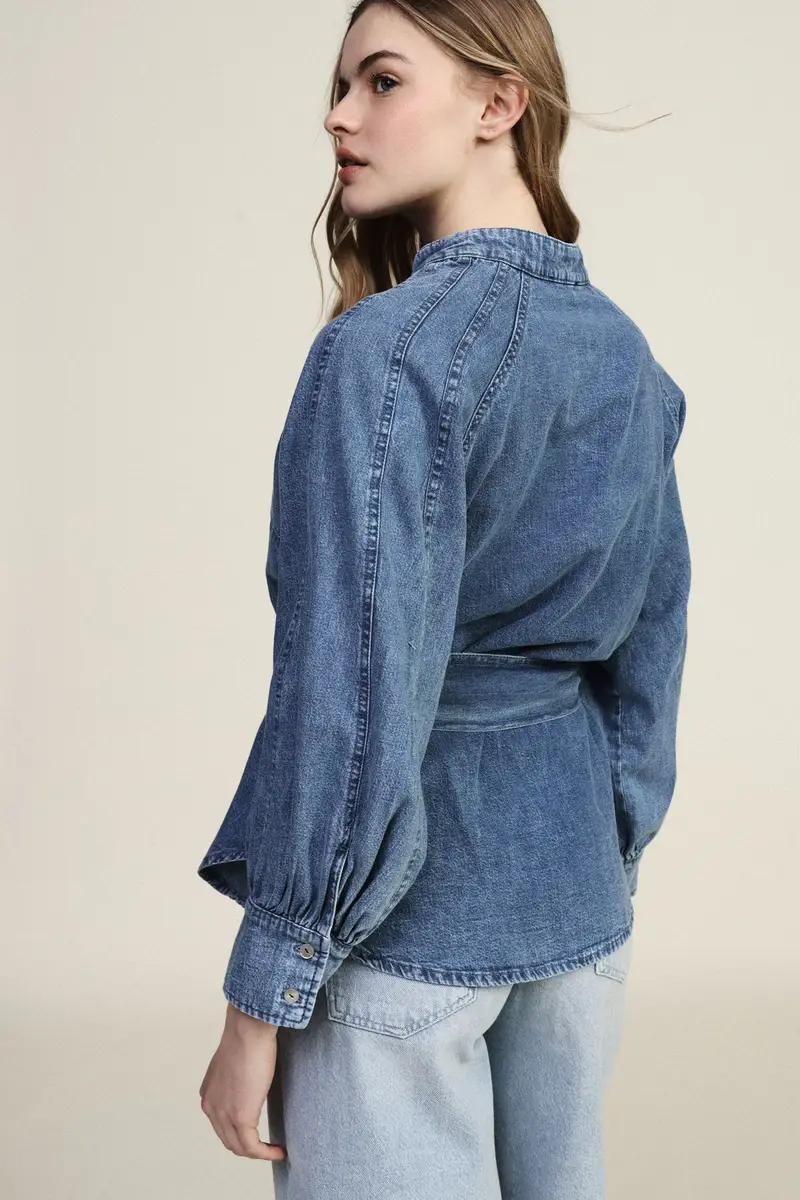 Camicia con cintura e colletto alla coreana miniatura 3