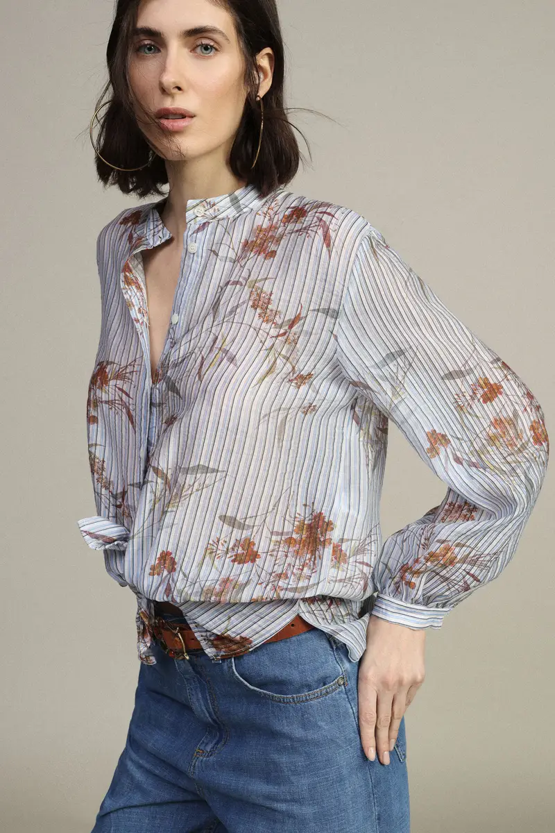 Camicia con maniche lunghe stampa floreale righe miniatura 2