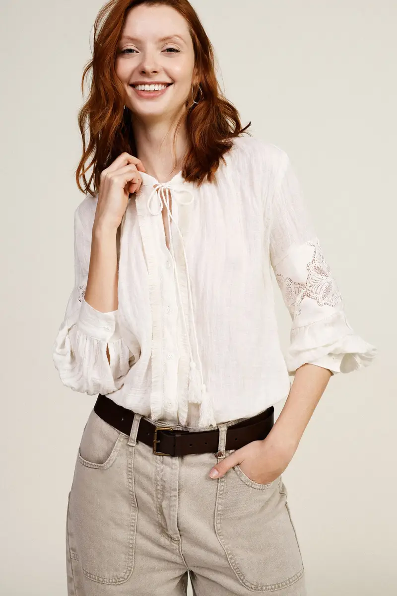 Camicia con maniche ricamo e apertura frontale miniatura 2