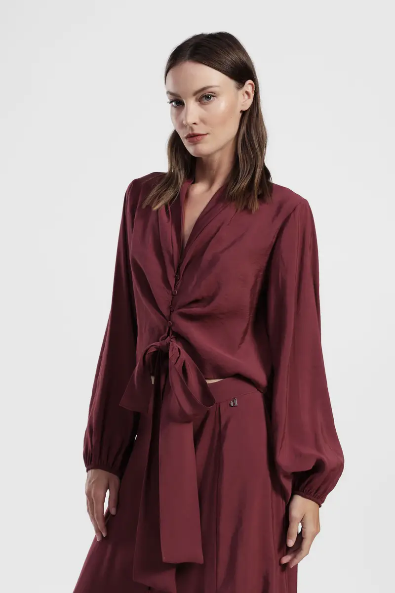 Camicia crop con maniche ampie e fiocco frontale miniatura 2