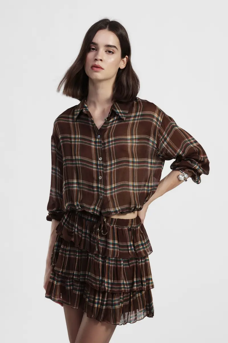 Camicia cropped a quadri con coulisse regolabile miniatura 2