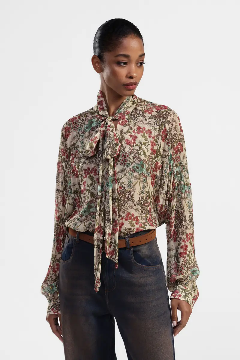 Camicia floreale con fiocco al collo miniatura 2