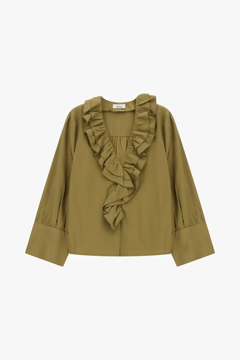 Camicia girocollo con maniche lunghe e volant