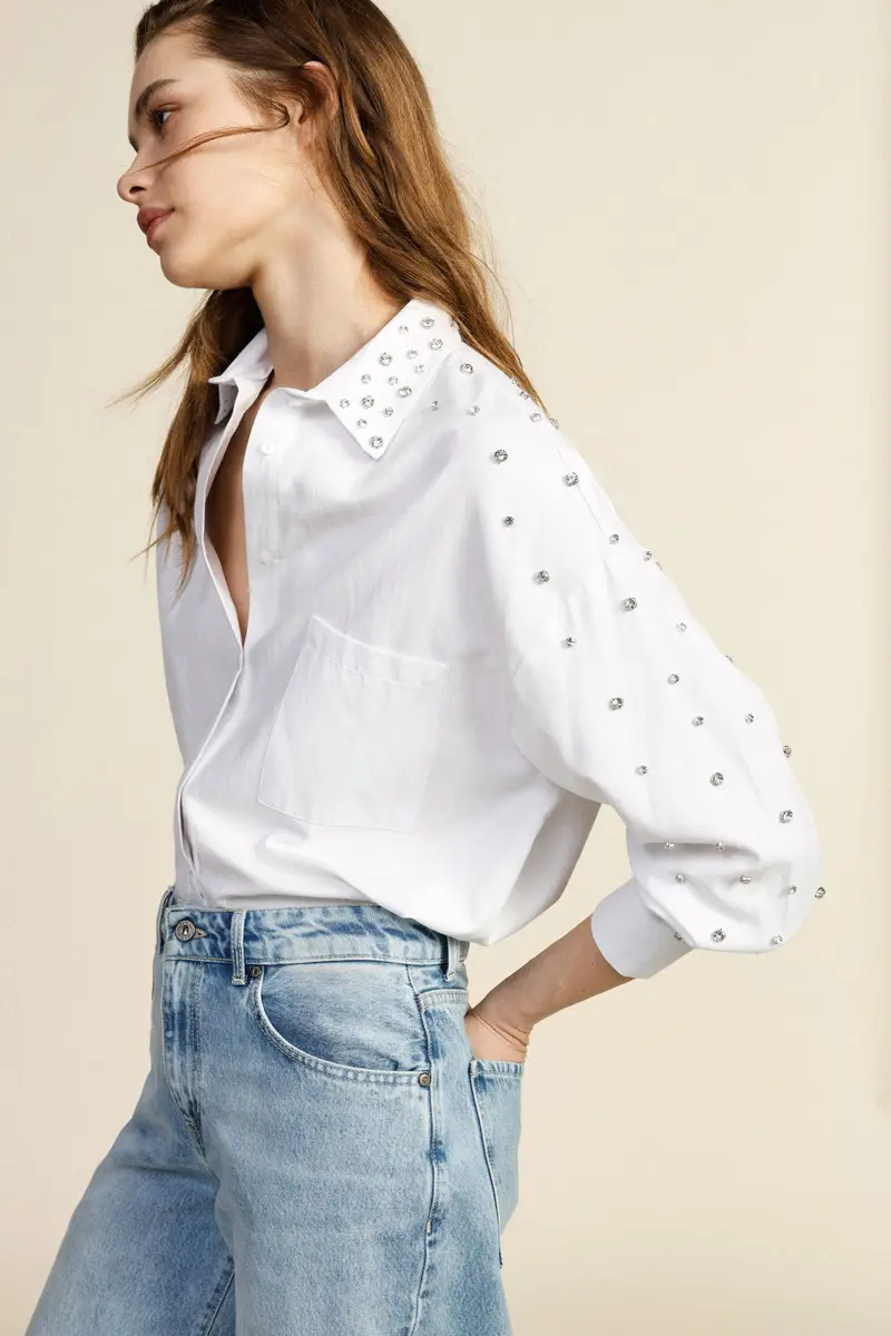 Camicia lunga con borchie, tasca e collo a punta miniatura 2