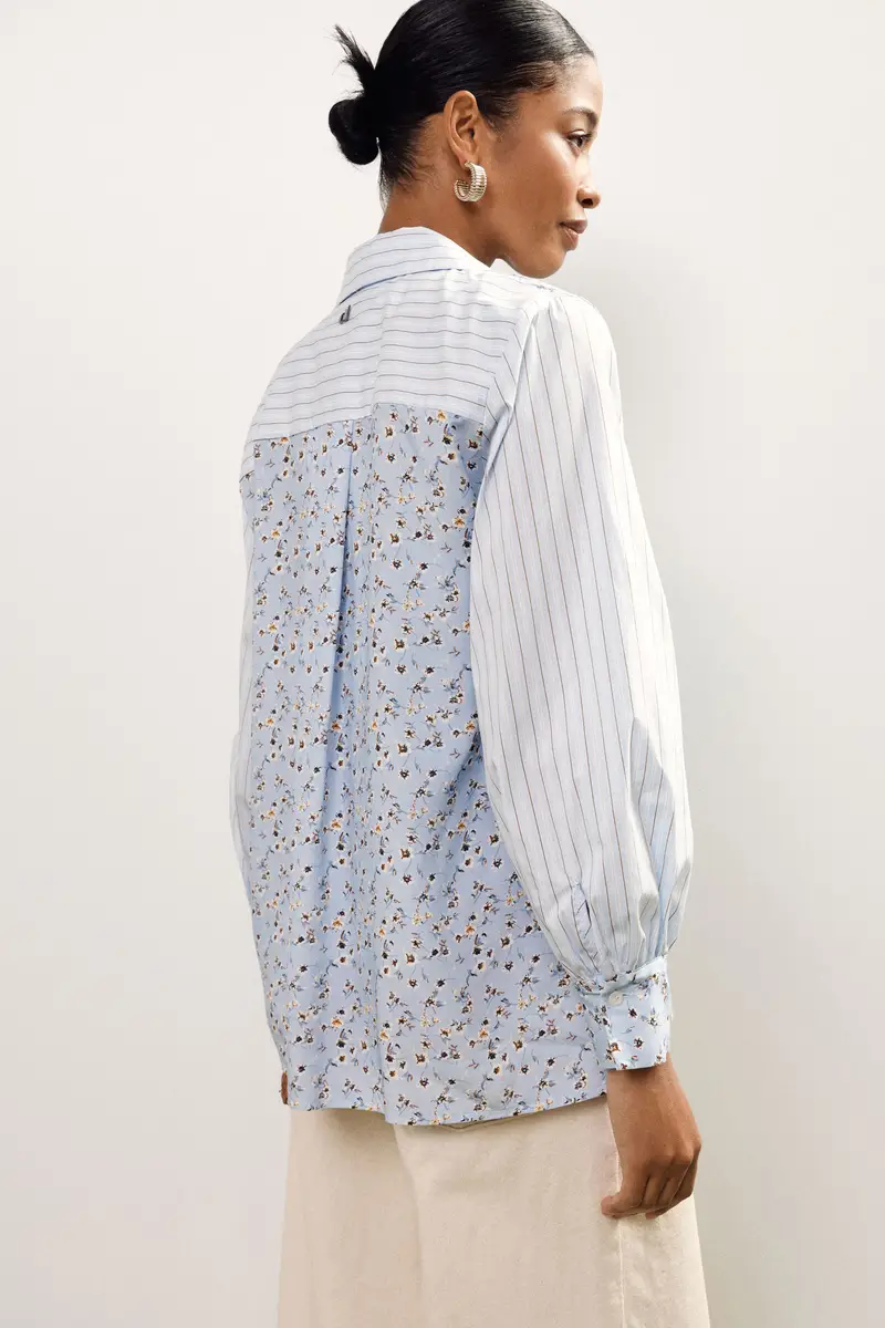 Camicia lunga patchwork con taschino e maniche lunghe miniatura 3