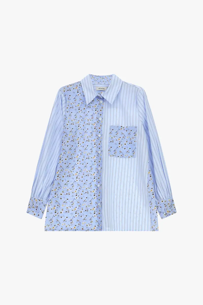 Camicia lunga patchwork con taschino e maniche lunghe