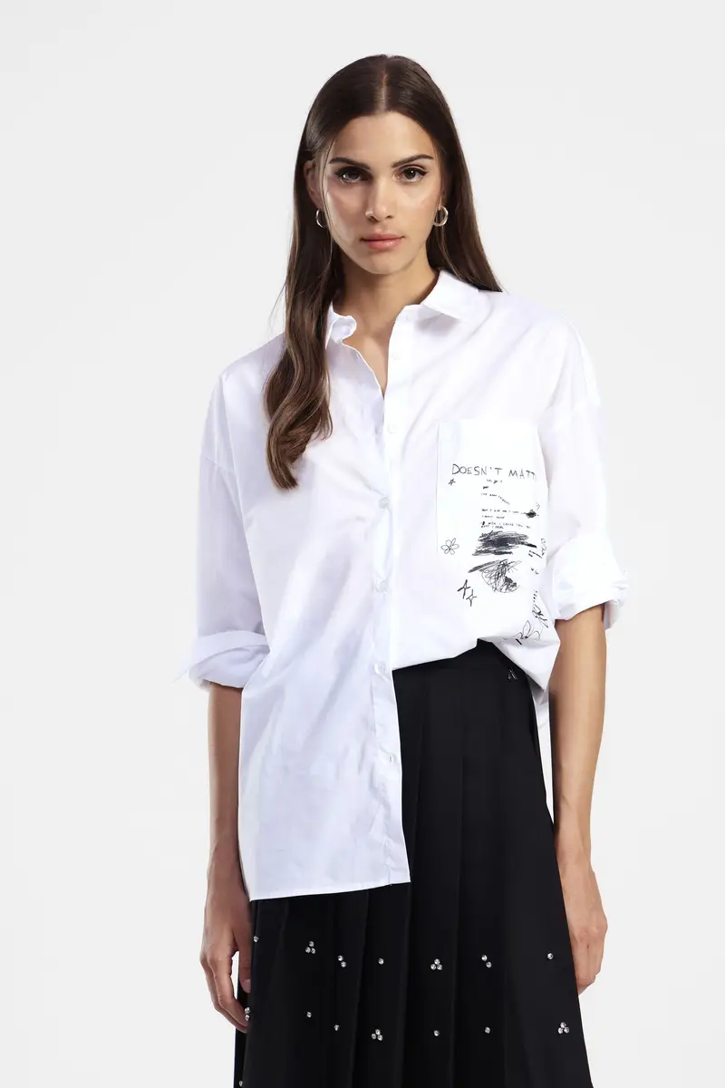 Camicia over stampa grafica e colletto classico miniatura 2