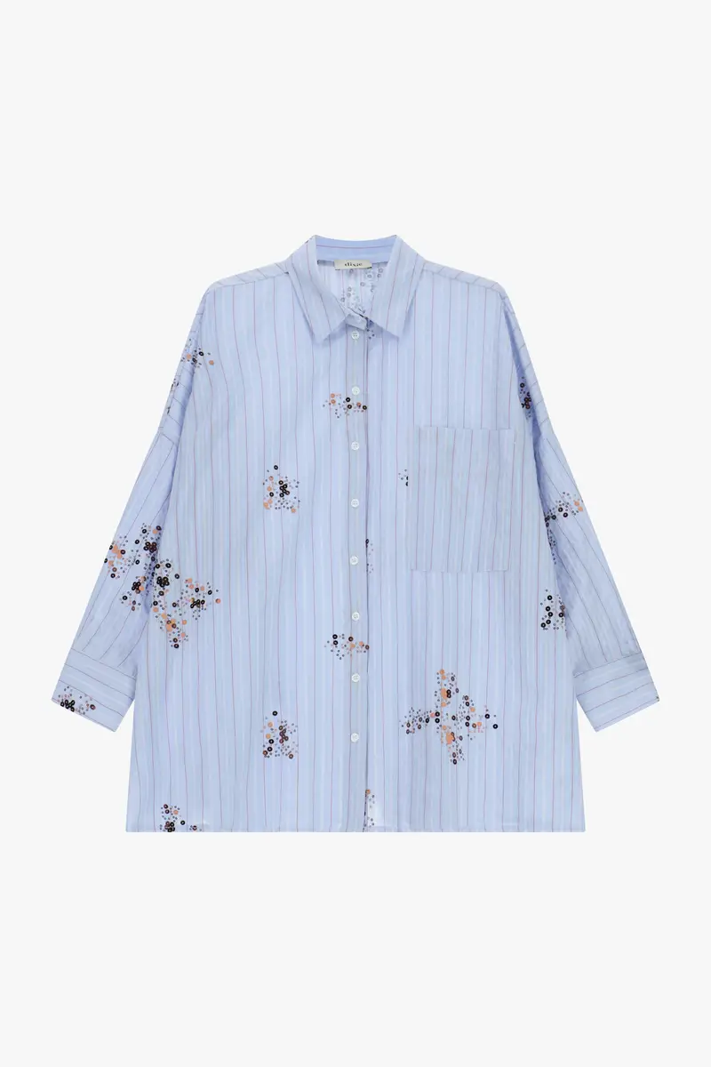 Camicia oversize a righe con tasca e stampa fiori
