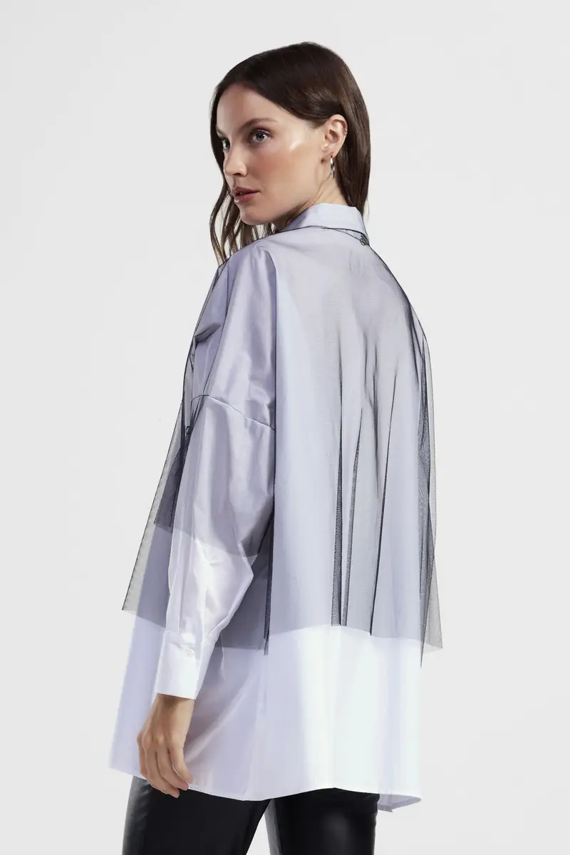 Camicia oversize con blocchi colore e scritta frontale miniatura 3