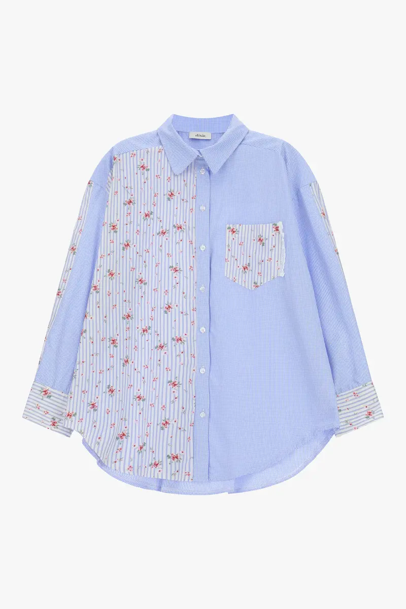 Camicia oversize stampa floreale e quadretti