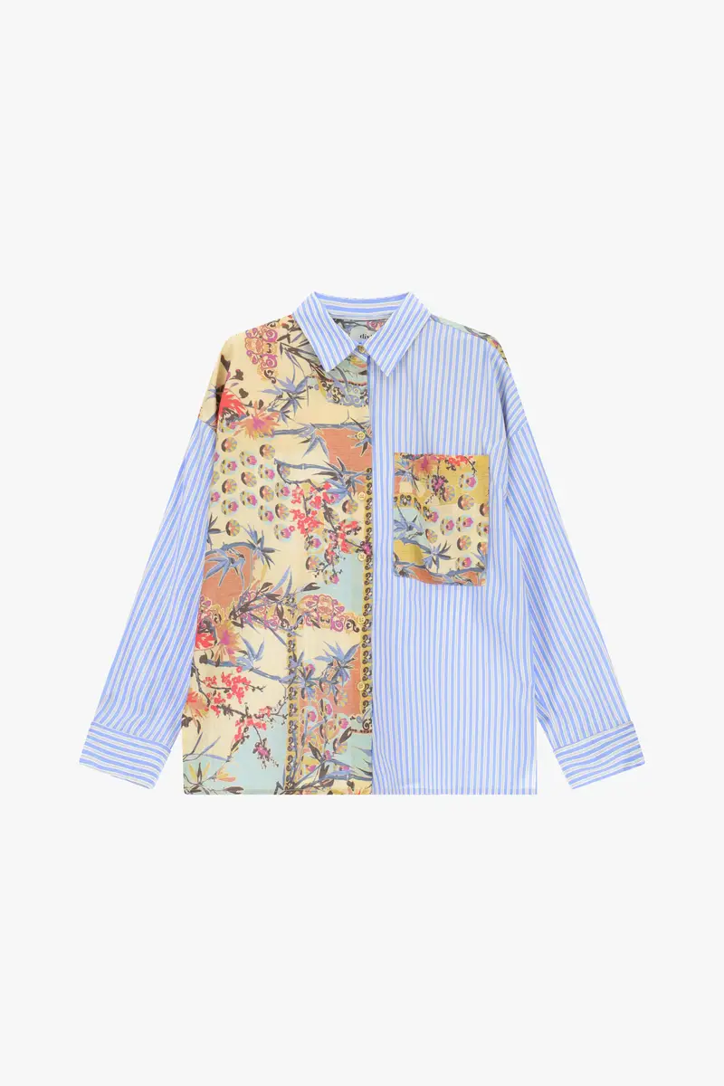 Camicia patchwork con righe e fantasia floreale