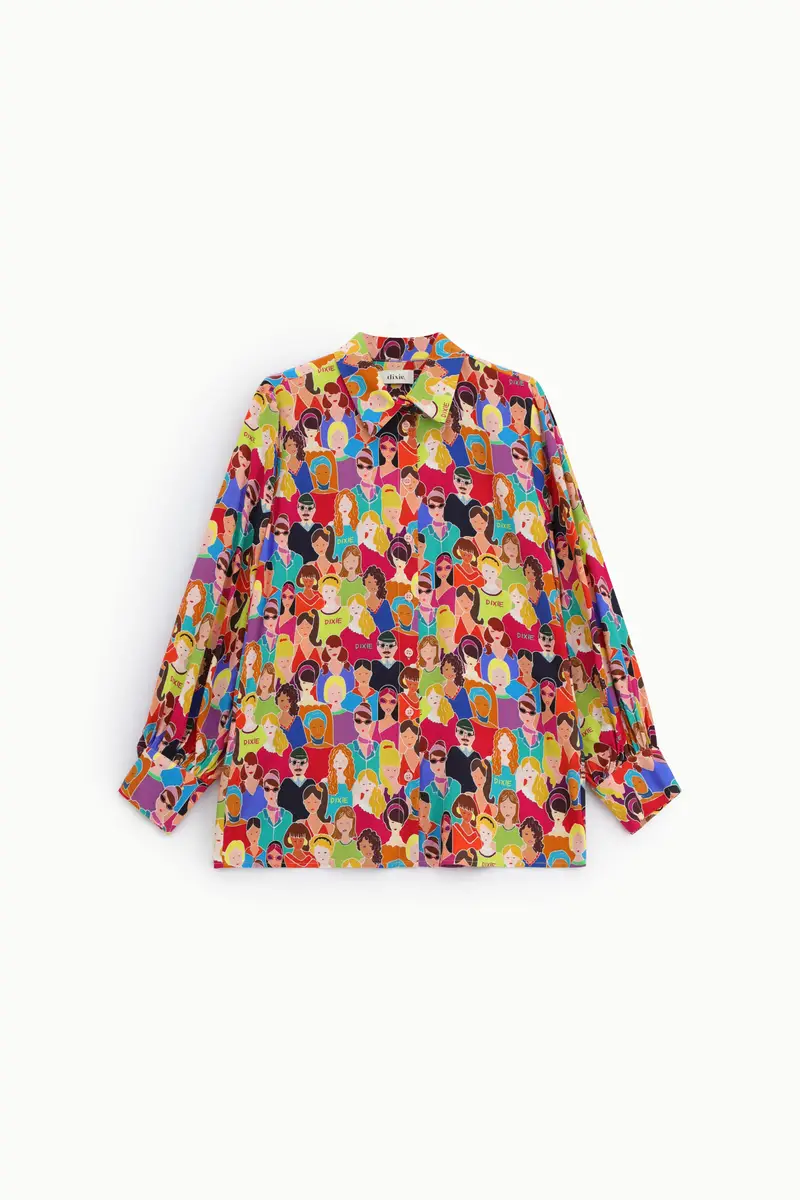 Camicia regular fit con stampa volti e maniche lunghe