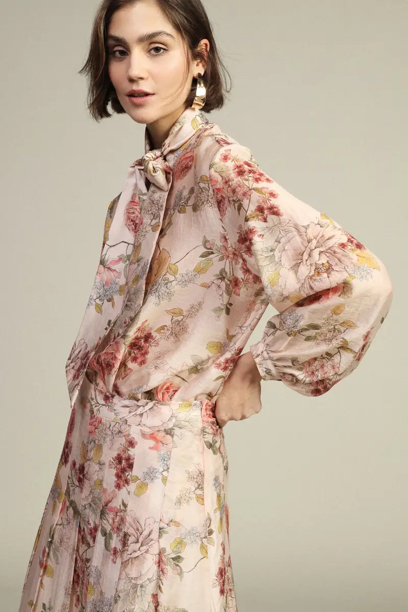 Camicia stampa floreale, collo fiocco, maniche lunghe miniatura 2