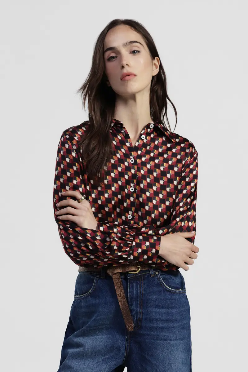 Camicia stampa geometrica, collo classico, maniche lunghe miniatura 2
