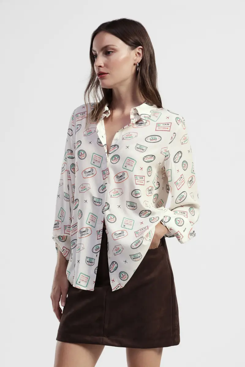 Camicia stampa passaporti collo classico manica lunga miniatura 2