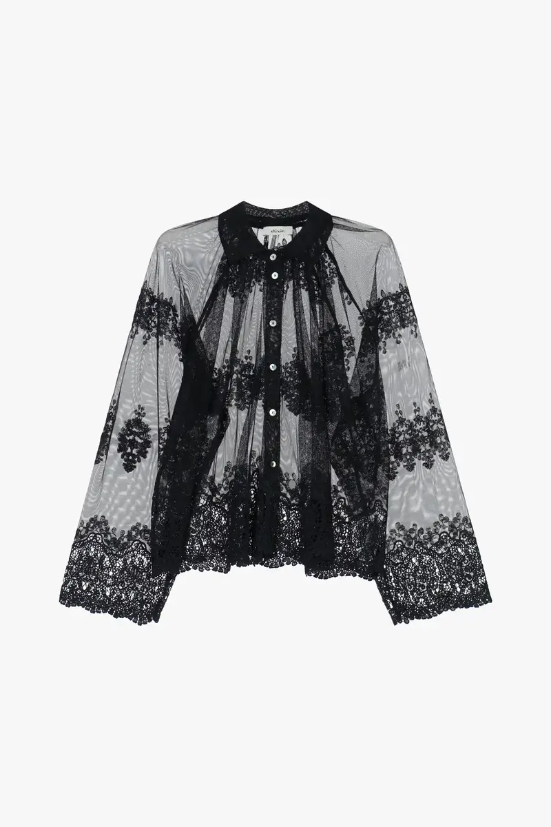 Camicia trasparente in pizzo con collo classico