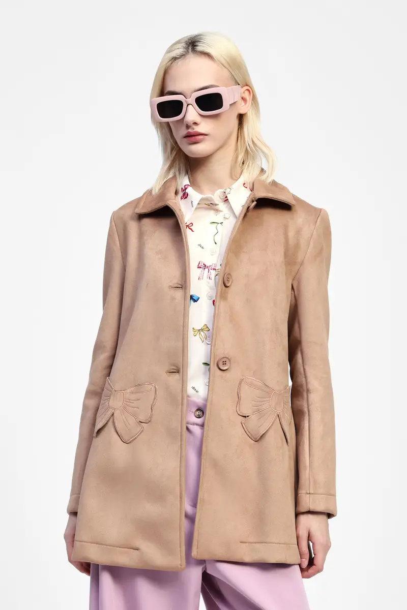 Cappotto corto effetto suede con bottoni e fiocchi miniatura 2