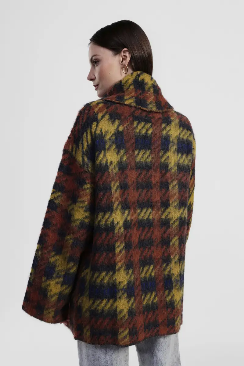 Cappotto corto fantasia check con cintura intrecciata miniatura 3