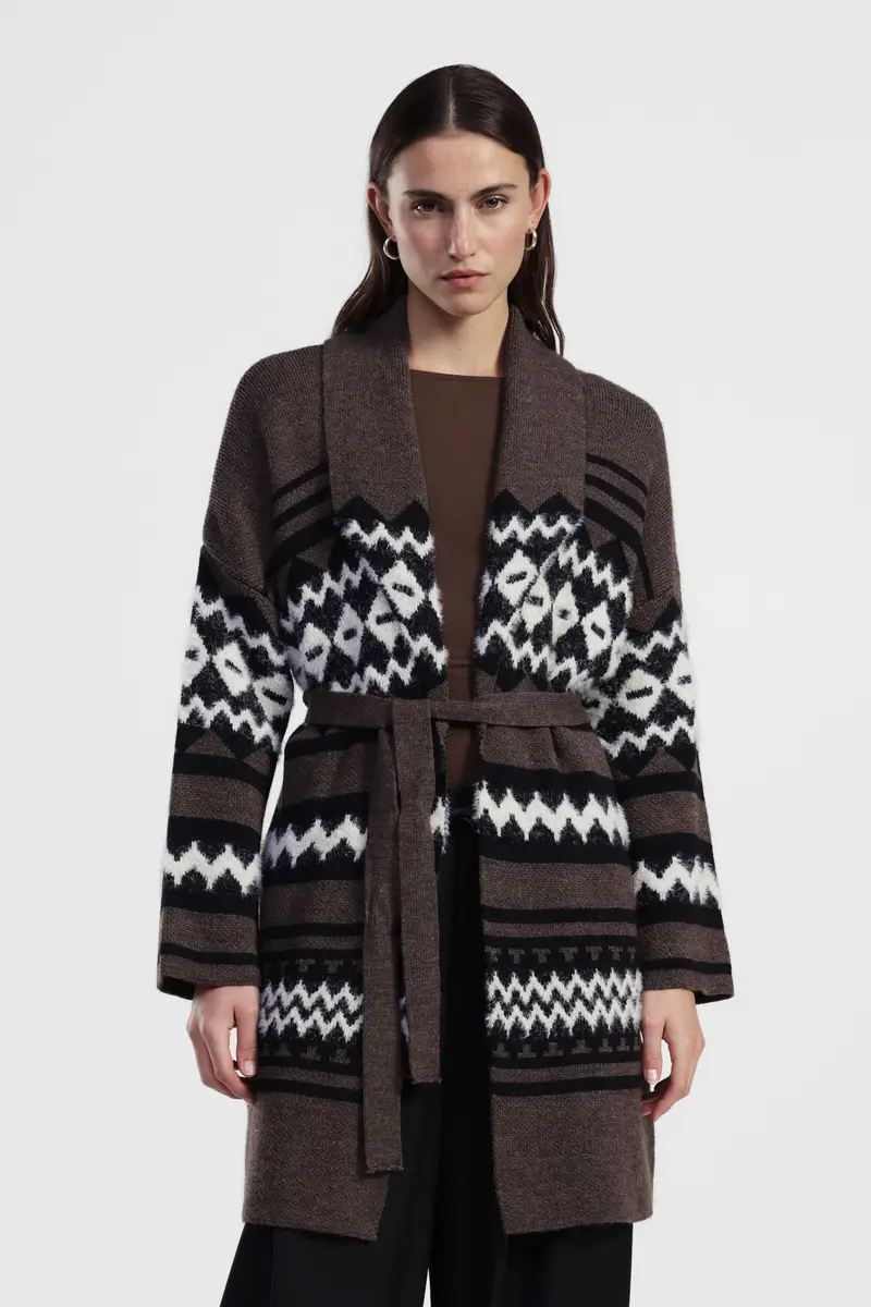 Cappotto fantasia con cintura e maniche lunghe miniatura 2