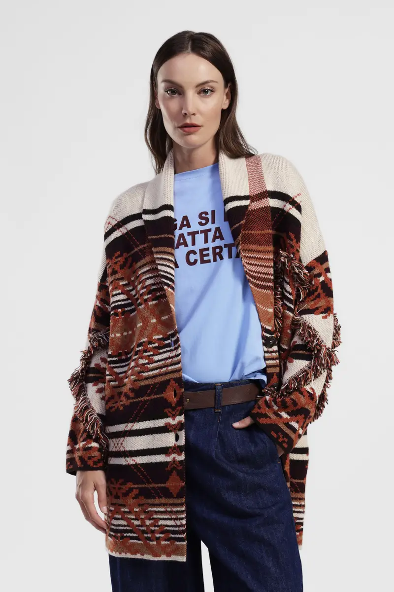 Cappotto fantasia geometrica con frange e bottoni miniatura 2